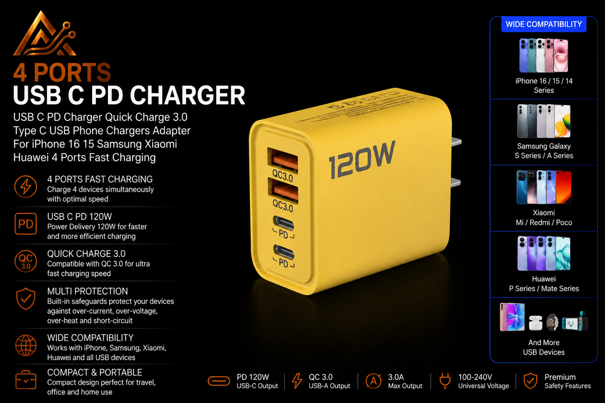 USB C PD Charger Quick Charge 3.0 Type C USB Phone Chargers Adapter For iPhone 16 15 Samsung Xiaomi Huawei 4 Ports Fast Charging