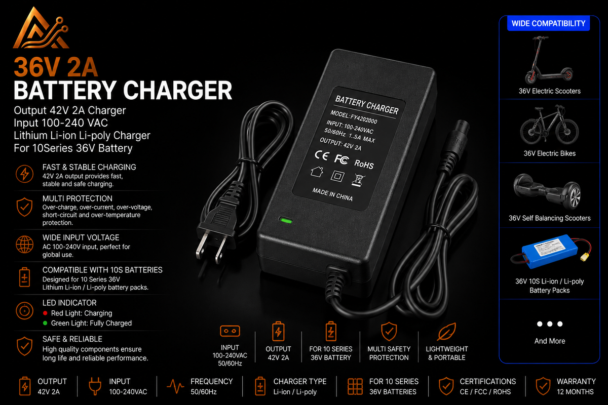 36V 2A battery charger Output 42V 2A Charger Input 100-240 VAC Lithium Li-ion Li-poly Charger For 10Series 36V Battery