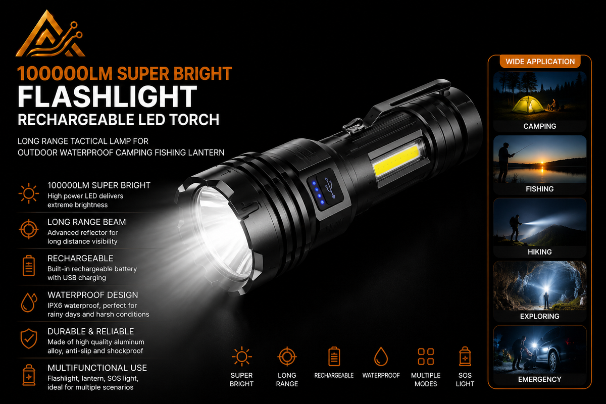100000LM Super Bright Flashlight Rechargeable LED Torch Long Range Tactical Lamp for Outdoor Waterproof Camping Fishing Lantern