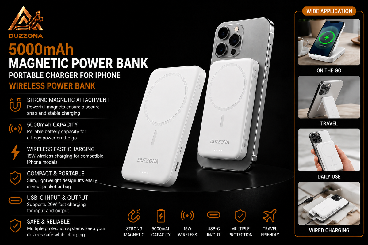 DUZZONA  5000mAh Magnetic Power Bank Portable Charger Phone Charger for iPhone Wireless Power Bank