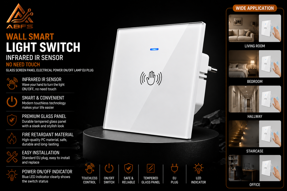 ABFS Wall Smart Light Switch Infrare IR Sensor No Need Touch Glass Screen Panel Electrical Power on Off Lamp EU Plug