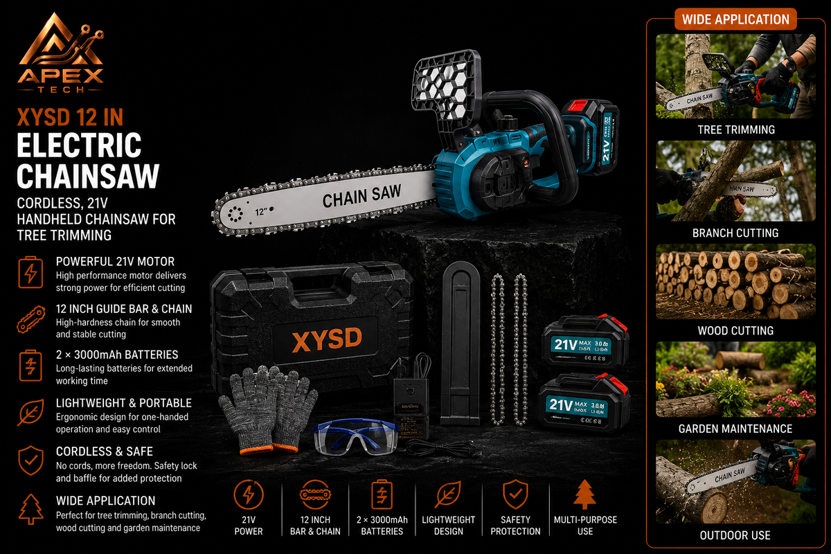 XYSD 12 in Electric Chainsaw Cordless, 21v ,2x3000mah Battery Handheld Chainsaw for Tree Trimming Electric Tree Trimmer Saw